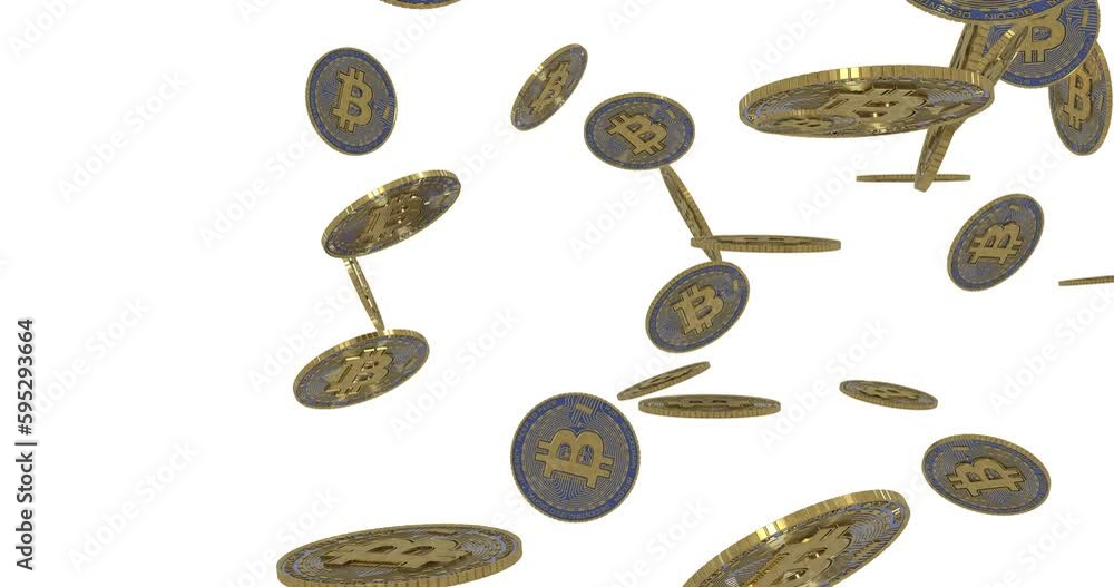 Poster looping animation of floating bitcoins isolated on a white background
