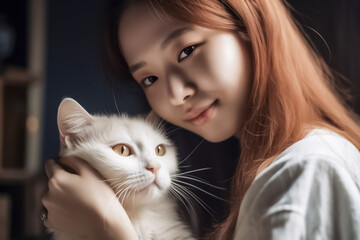 In a peaceful Japanese Home, a woman cuddles with her beloved white cat, showcasing the bond between human and feline. generative AI