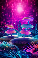 Tropical neon sea anemone jellyfish product display podium pedestal, generative ai