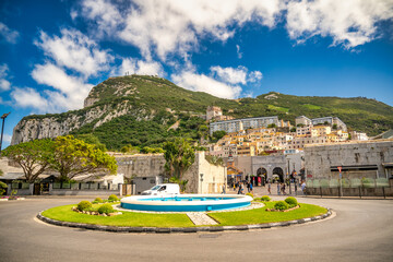 Gibraltar, UK - April 7, 2023: Entrance gate and square of Gibraltar