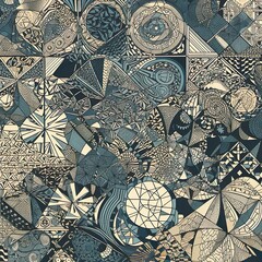 An intricate, seamless pattern displaying an assortment of geometric shapes and lines, interconnected in a complex, yet balanced design. - Generative AI, Generative, KI