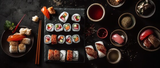 Obraz na płótnie Canvas Sushi on the black background. Generative AI