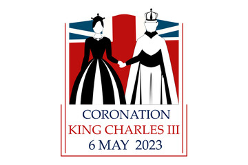 Coronation day illustration, silhouettes of people, king and queen in festive attire, flag of England, vector
