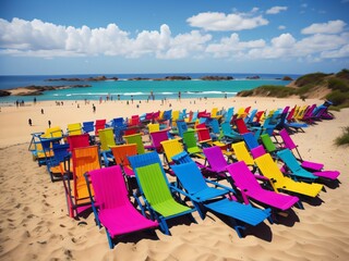 A stack of colorful beach chairs and umbrellas, set up on a sandy beach with the ocean in the background.