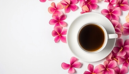 Coffee cup and pink flowers