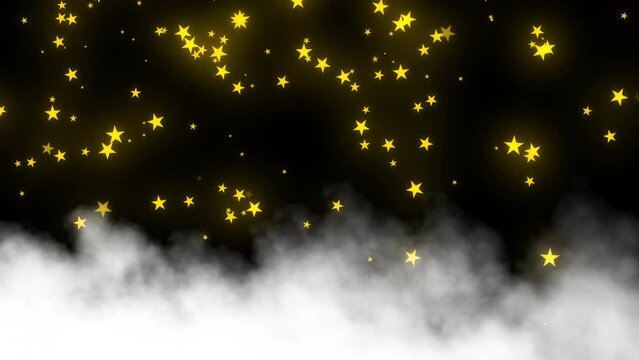 Gold stars falling on white clouds flowing slowly from left to right on black background. Abstract background. Motion graphic.