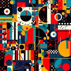 A modern, seamless pattern consisting of a variety of geometric shapes and lines, arranged in a bold and dynamic composition. - Generative AI, Generative, KI