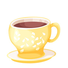 Tea cup yellow on plate decotated with leaves in cartoon style isolated on white background.