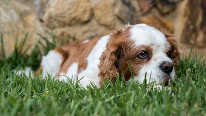 Close-up of an adorable little pup resting in a lush green meadow