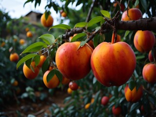 A close-up of a ripe peach hanging from a tree branch, with a few leaves in the background.