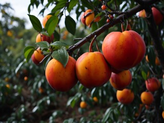A close-up of a ripe peach hanging from a tree branch, with a few leaves in the background.