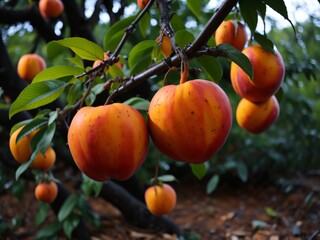 A close-up of a ripe peach hanging from a tree branch, with a few leaves in the background.