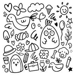 Set of doodle hand drawn. Elements of star, heart, cloud, sun, chicken, flower, spring