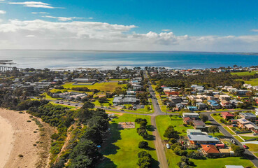 Aerial view of San Remo coastline near Phillip Island, Australia