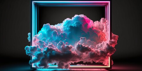 Pink and Blue Neon Light with Cloud Formation. Square shaped Fluorescent Frame in Dark Environment. Generative AI