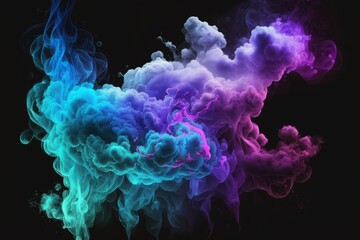 Obraz premium Neon blue and purple multicolored smoke puff cloud design elements on a dark background. Generative AI