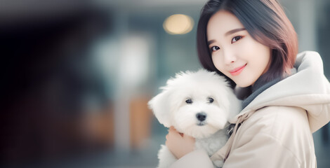 A lovely Asian girl embracing and beaming with her adorable Maltese canine companion. generative AI