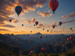 A group of colorful hot air balloons floating in the sky, with a few wispy clouds and a mountain range in the background.