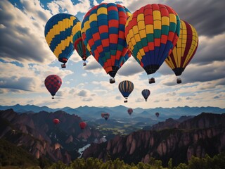 A group of colorful hot air balloons floating in the sky, with a few wispy clouds and a mountain range in the background.