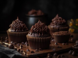 chocolate cupcake on dark wooden background. Generative AI