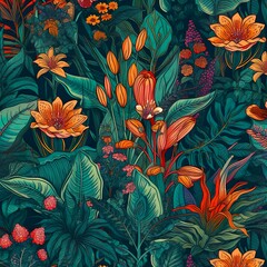 A vibrant, seamless pattern showcasing a lush array of tropical plants and flowers, interwoven with each other. - Generative AI, Generative, KI