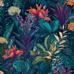 A vibrant, seamless pattern showcasing a lush array of tropical plants and flowers, interwoven with each other. - Generative AI, Generative, KI