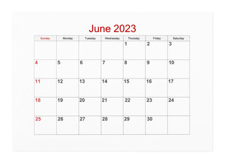 The June 2023 Calendar page for 2023 year isolated on white background, Save clipping path.