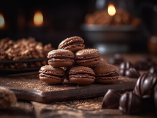 Chocolate macaroons dessert homemade on wooden background. Generative AI