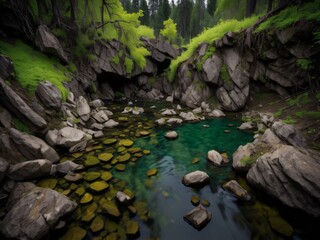 A serene river with a small waterfall, surrounded by rocks and green trees.