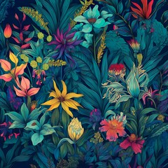 A vibrant, seamless pattern showcasing a lush array of tropical plants and flowers, interwoven with each other. - Generative AI, Generative, KI