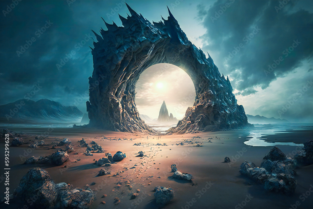 Poster strange, bizarre ancient alien structure on an alien planet. created with generative ai technology.