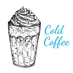 Cold coffee with cream. Refreshing summer drink. Vector illustration . Hand drawing. Black and white sketch isolated on white background. For bars, cafes, menus, labels and healthy drink advertising d