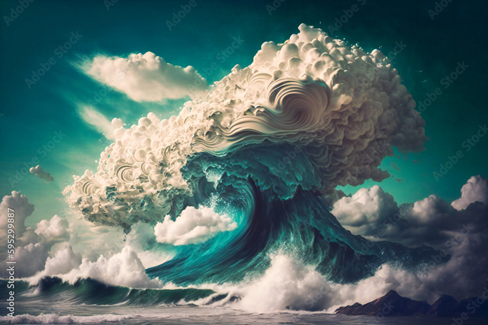 Poster abstract stylized ocean waves and clouds. created with generative ai technology.
