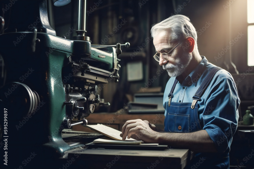 Poster a worker working on a generic machine in a factory. created with generative ai technology.