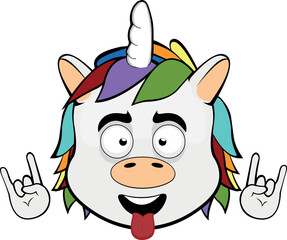 vector illustration cartoon unicorn face making the classic heavy metal gesture with hands and tongue out