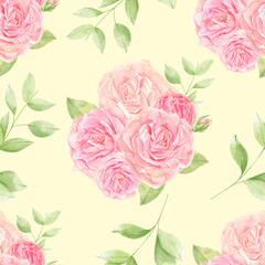 Seamless watercolor pink roses pattern. Bouquet of roses. Beautiful flowers.