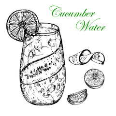 Cucumber water. Stackin' with a refreshing drink. Slice of cucumber and lime with mint.Vector stock illustration. Hand drawing. Black and white sketch isolated on white. For bars, cafes, menus, labels