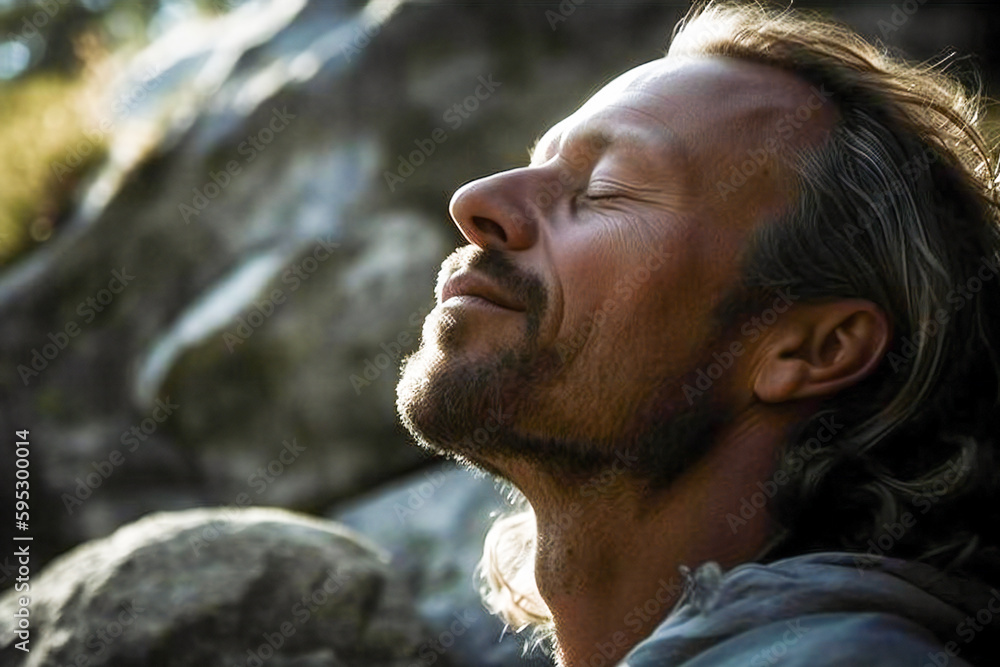Poster deep meditating man in nature. created with generative ai technology.