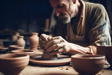 A potter in his workshop crafting a pot. Created with Generative AI technology.