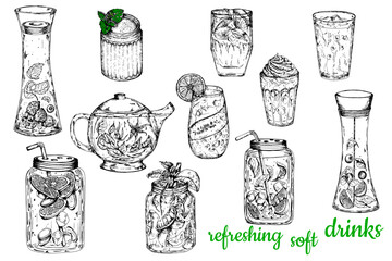 Refreshing summer soft drinks.Set.Healthy lifestyle.Vector stock illustration. Hand drawing. Black and white sketch isolated on white. For bars, cafes, menus, labels and healthy drinks  desing