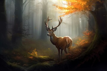 Deer autumn forest. Generate Ai