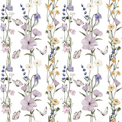 Seamless pattern of flowers and leaves on white background