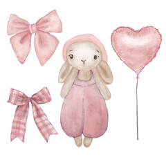 Set of pink toy bunny, pink balloon and pink bow on white background