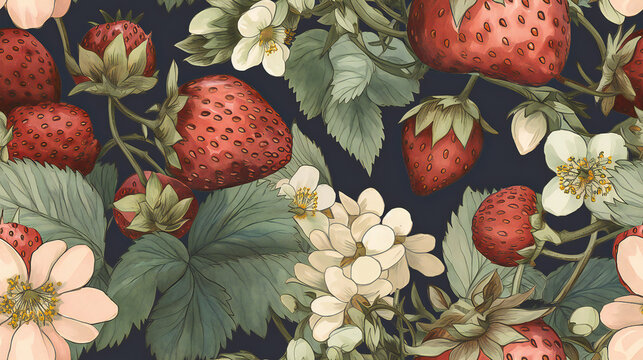 Seamless pattern with strawberries and leaves , blossoms, seamless texture., vintage, Generative AI