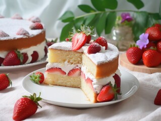 Strawberry sponge cake with fresh strawberries. Generative AI