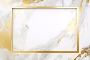 Rectangle gold frame on white marble background. Created with Generative AI Technology