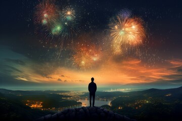 Fototapeta premium Fireworks night city. Generate Ai