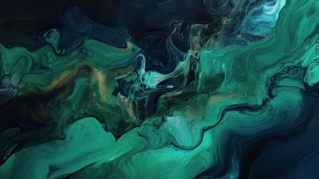 Abstract green fluid video, motion background, colored moving liquid texture, creative art with dissolving material and alcohol ink style with thick paint layers