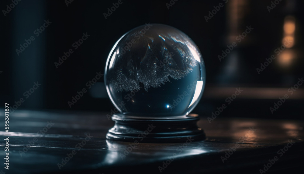 Poster transparent sphere reflects world map on table generated by ai