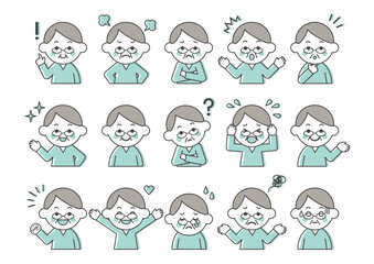 シニア男性の表情とポーズのイラストセット